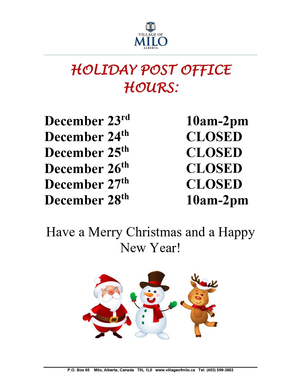 Holiday Post Office Hours News Village of Milo